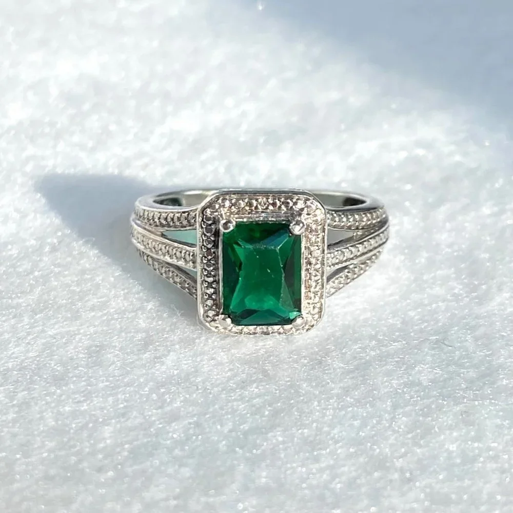 Sterling Silver 925 Rectangular Prong Set Green Emerald Glass Ring Sz 6.75 - Picture 6 of 16